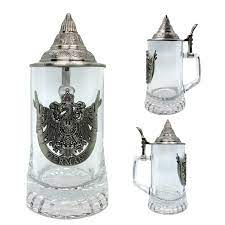 Glass Bier Stein with lid Germany Crest S951